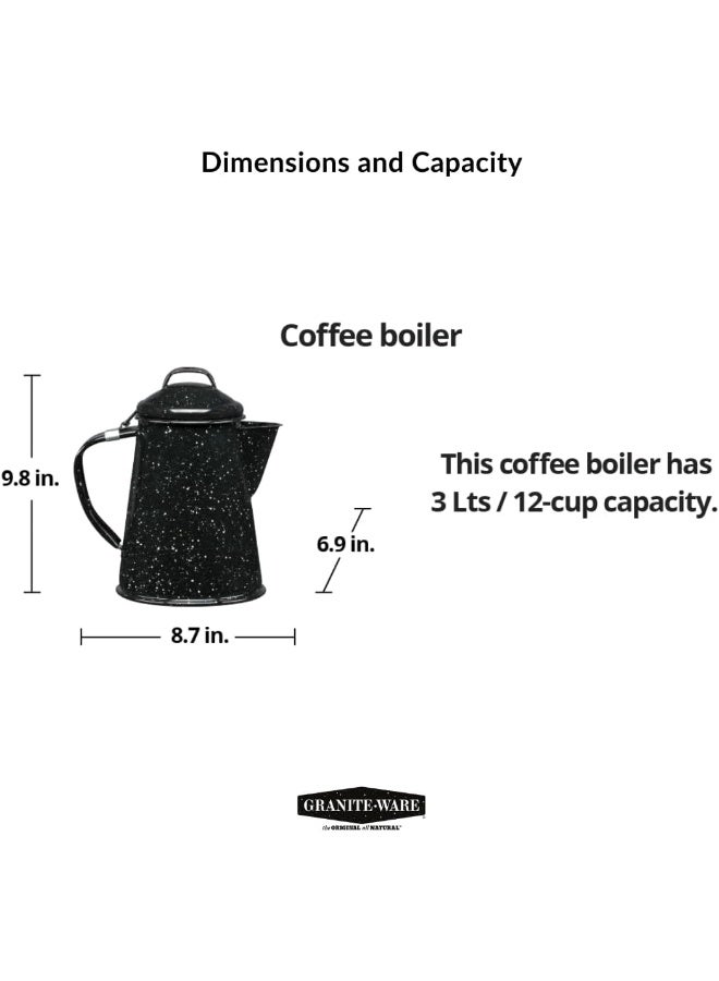 Granite Ware 3 Qt Enamelware Coffee Boiler (Speckled Black) 12 Cups capacity - Ideal for Camping, Cabin, RV, Heat Coffee, Tea and Water directly on Stove or Fire. Dishwasher Safe. - Image 5